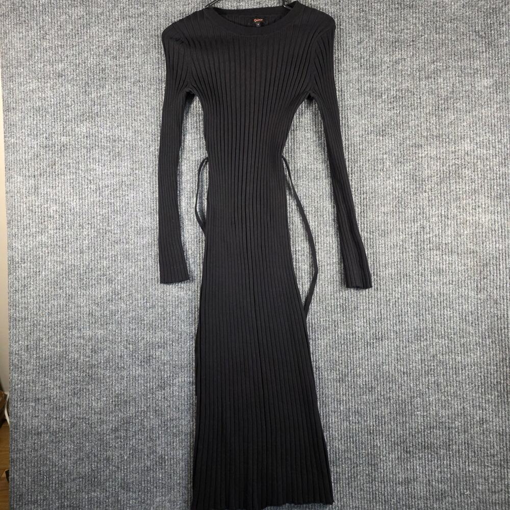 Quince Ribbed Knit Side Tie Midi Sweater Dress Black Size Small